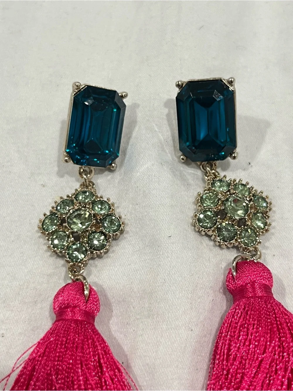 Bright Pink Tassel Drop Earrings with Teal Crystal Accents New Never Worn